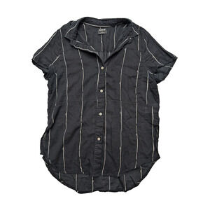 Hurley Women Medium Button Up Short Sleeve Shirt Black White Striped
